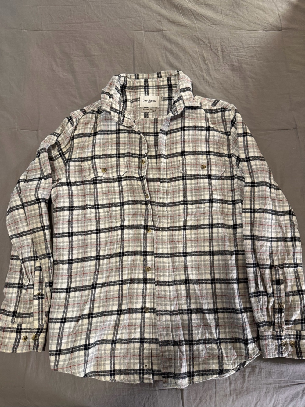 Goodfellow & Co Cream Plaid Shirt with Black and Red Stripes
